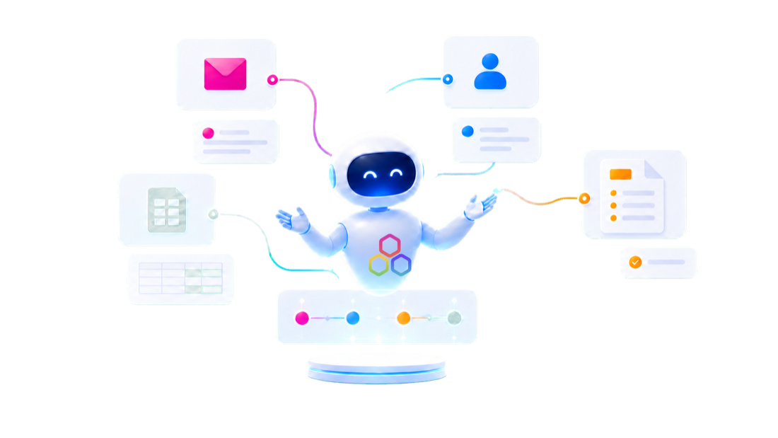 Vriendelijke digitale AI-collega die e-mail, documenten, data en taken met elkaar verbindt
