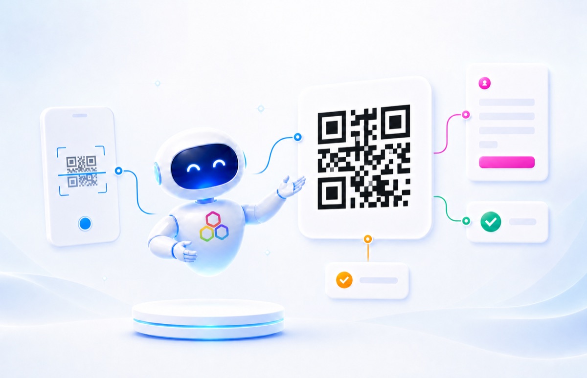 Visualisatie van een QR-code die verbonden is met AI, formulieren en digitale acties