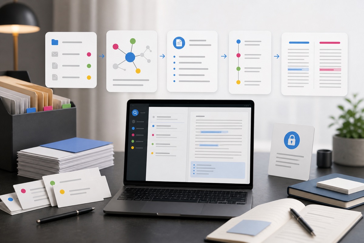 Zakelijke visual van dossieranalyse, documentvergelijking, tijdlijnen en vertrouwelijke verwerking voor advocatenkantoren