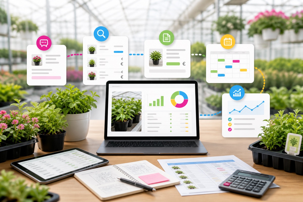 Illustratie van AI-workflows voor een kwekerij met planten, planning, offertes en rapportages