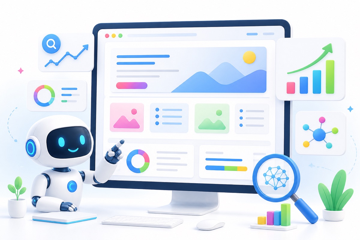 Vriendelijke robot die website extra's zoals reviews, vindbaarheid, formulieren en opvolging ondersteunt